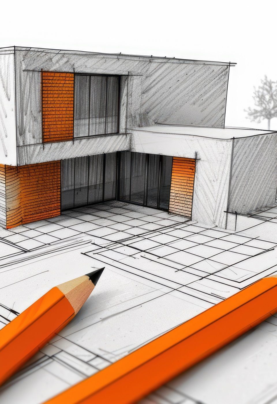 Architectural model of a modern house placed on top of blueprints with a pencil in the foreground