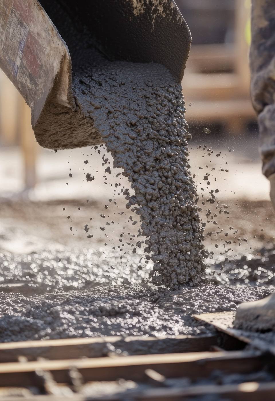 A construction worker pouring concrete into molds for a new foundation. Featuring concrete pouring and foundation work